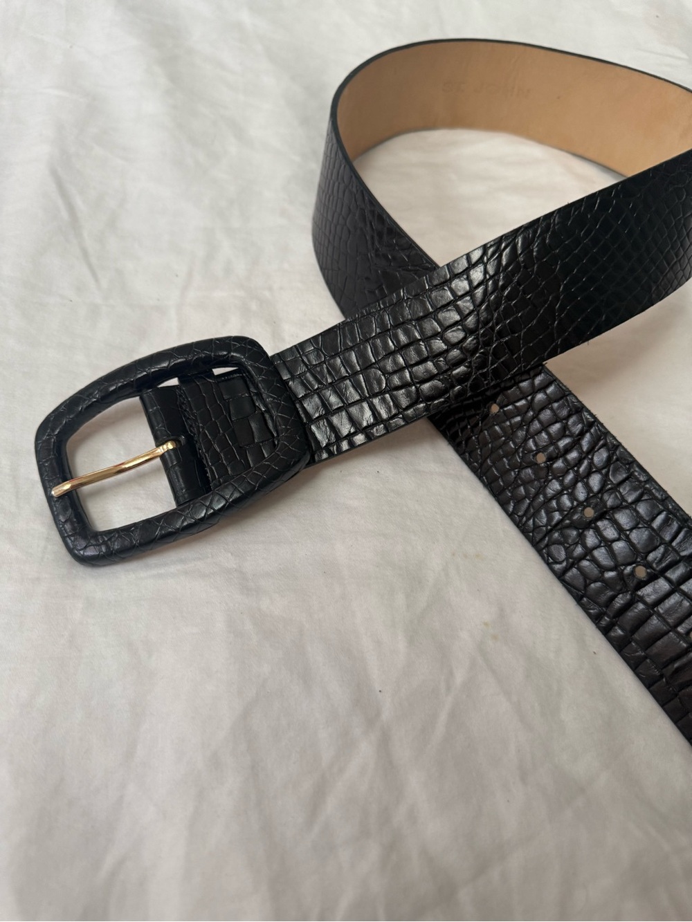 St. Johns Black Croc-Embossed Leather Belt with Gold-Tone Buckle